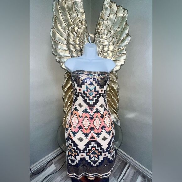 Stunning Aztec Color Blocks Sequins Mini Dress - Picture 5 of 12